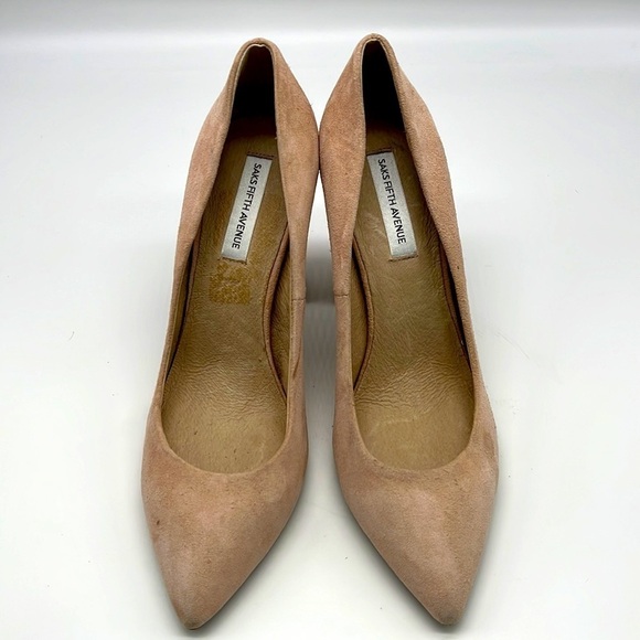 Saks Fifth Avenue - Light Pink Suede Pointed Toe Block Heels Size 7.5 - Picture 1 of 16
